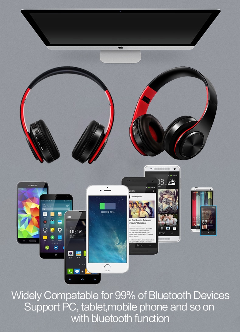 HIFI Stereo Earphones Bluetooth Headphone Music Headset FM and Support SD Card with Mic for Mobile XiaoMi Iphone Sumsamg Tablet