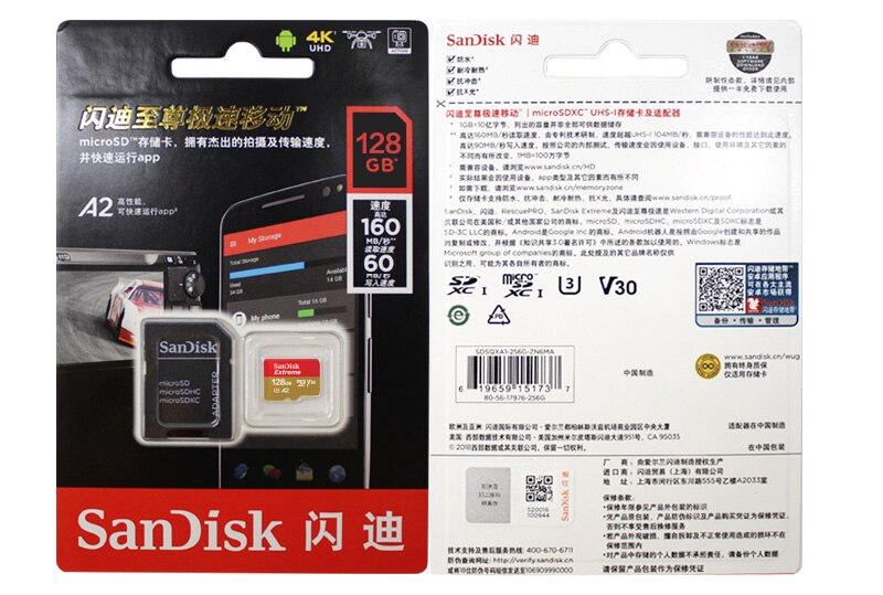 SanDisk Extreme Micro SD Card 256GB 128GB 64GB A2 Memory Card 32GB A1 U3 V30 Original TF Card for Camera Drone Flash Card