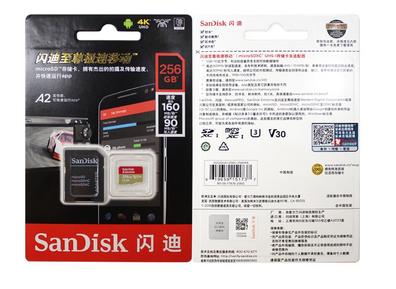 SanDisk Extreme Micro SD Card 256GB 128GB 64GB A2 Memory Card 32GB A1 U3 V30 Original TF Card for Camera Drone Flash Card