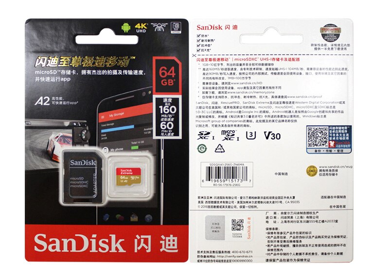 SanDisk Extreme Micro SD Card 256GB 128GB 64GB A2 Memory Card 32GB A1 U3 V30 Original TF Card for Camera Drone Flash Card